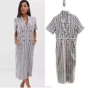 ASOS Gray White Striped Tuxedo Midi Dress Womens Size 2 NWT Cotton Linen Blend